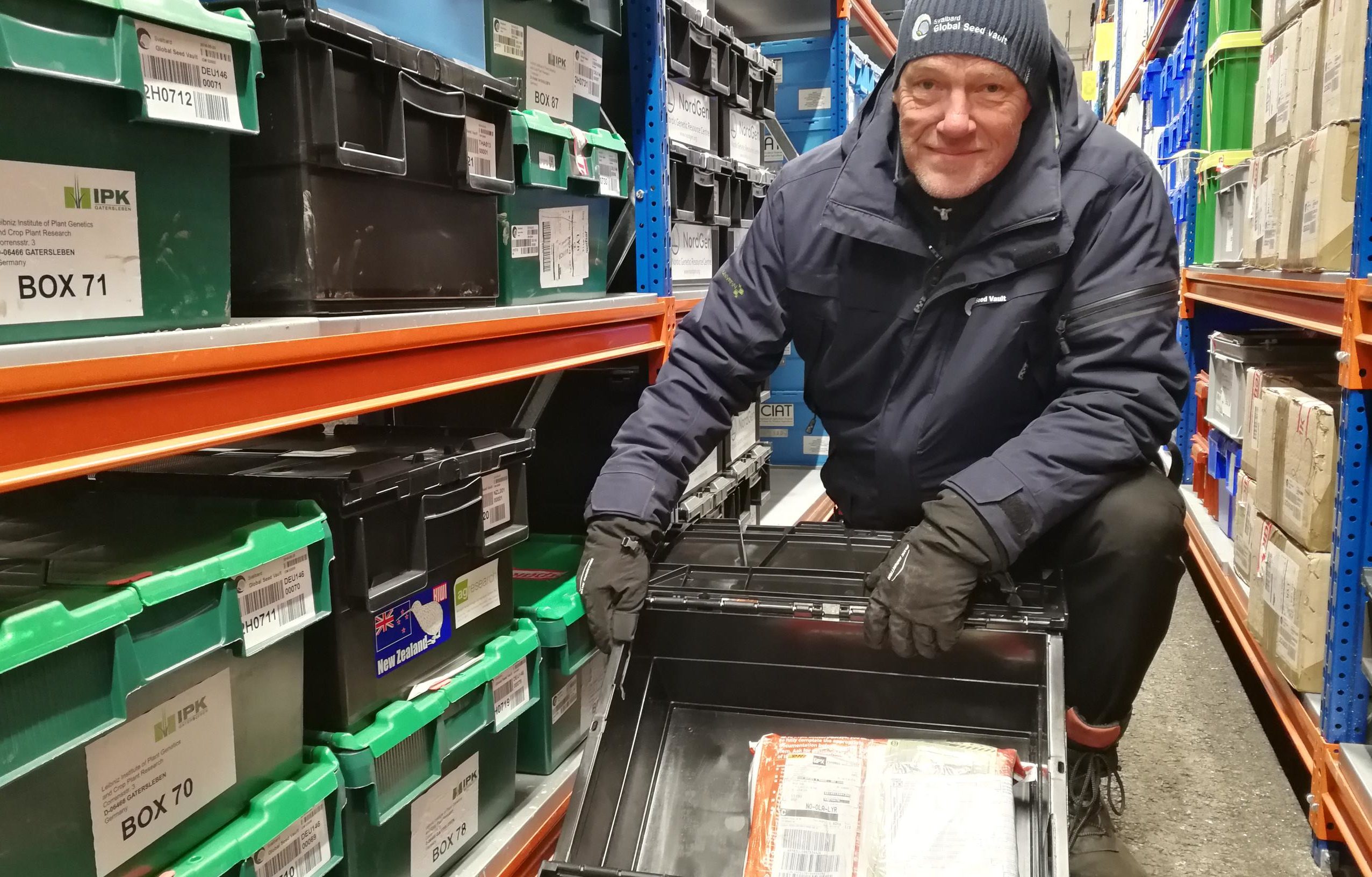 Åsmund Asdal, Seed Vault Coordinator at NordGen, depositing seeds from Margot Forde Germplasm Center