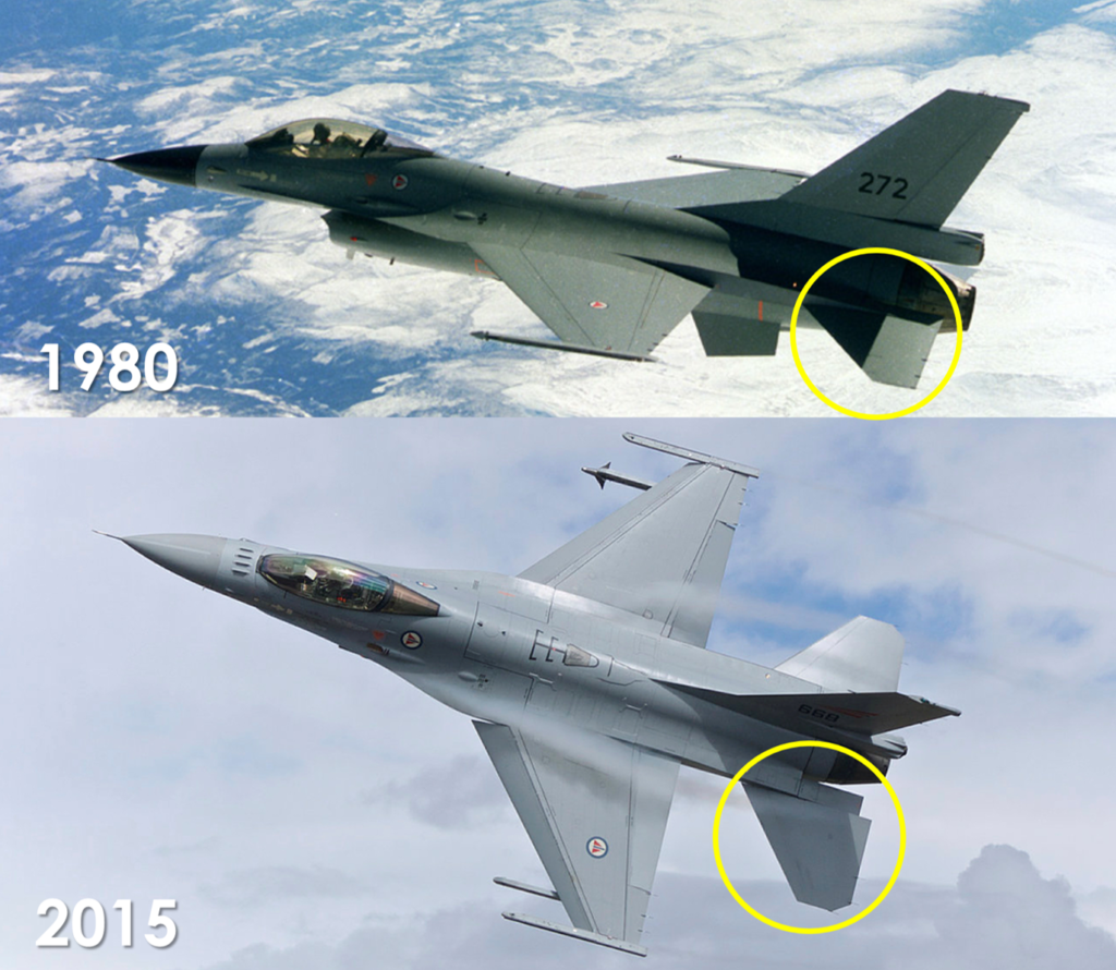 Øverst er første norske F-16 på vei til Norge i 1980. Nederst er en norsk F-16 på øvelse i 2015. Blant de mest synlige forskjellene er det større haleroret på F-16. Foto: Forsvaret