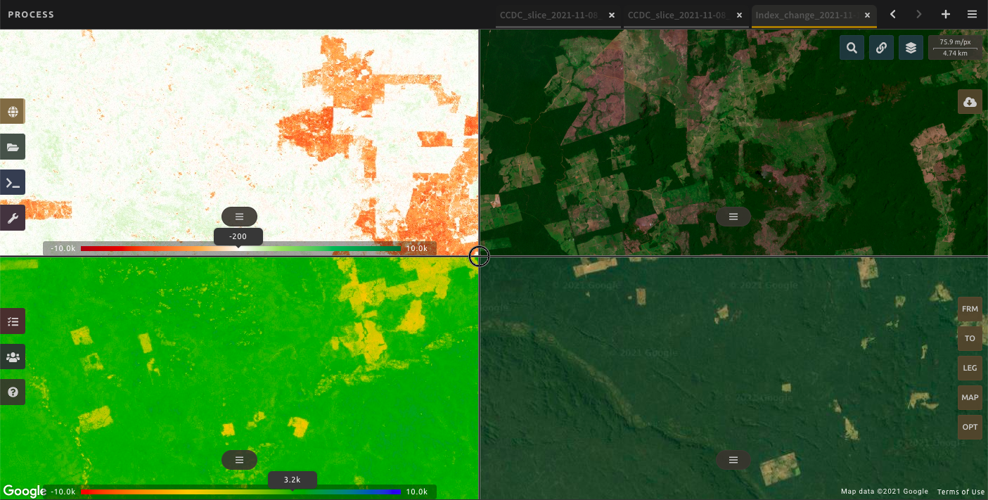 SEPAL is a platform helping users make the most of complex satellite data. The screenshot shows 4 different themes for a site from the Brazilian Amazon. Photo: FAO.