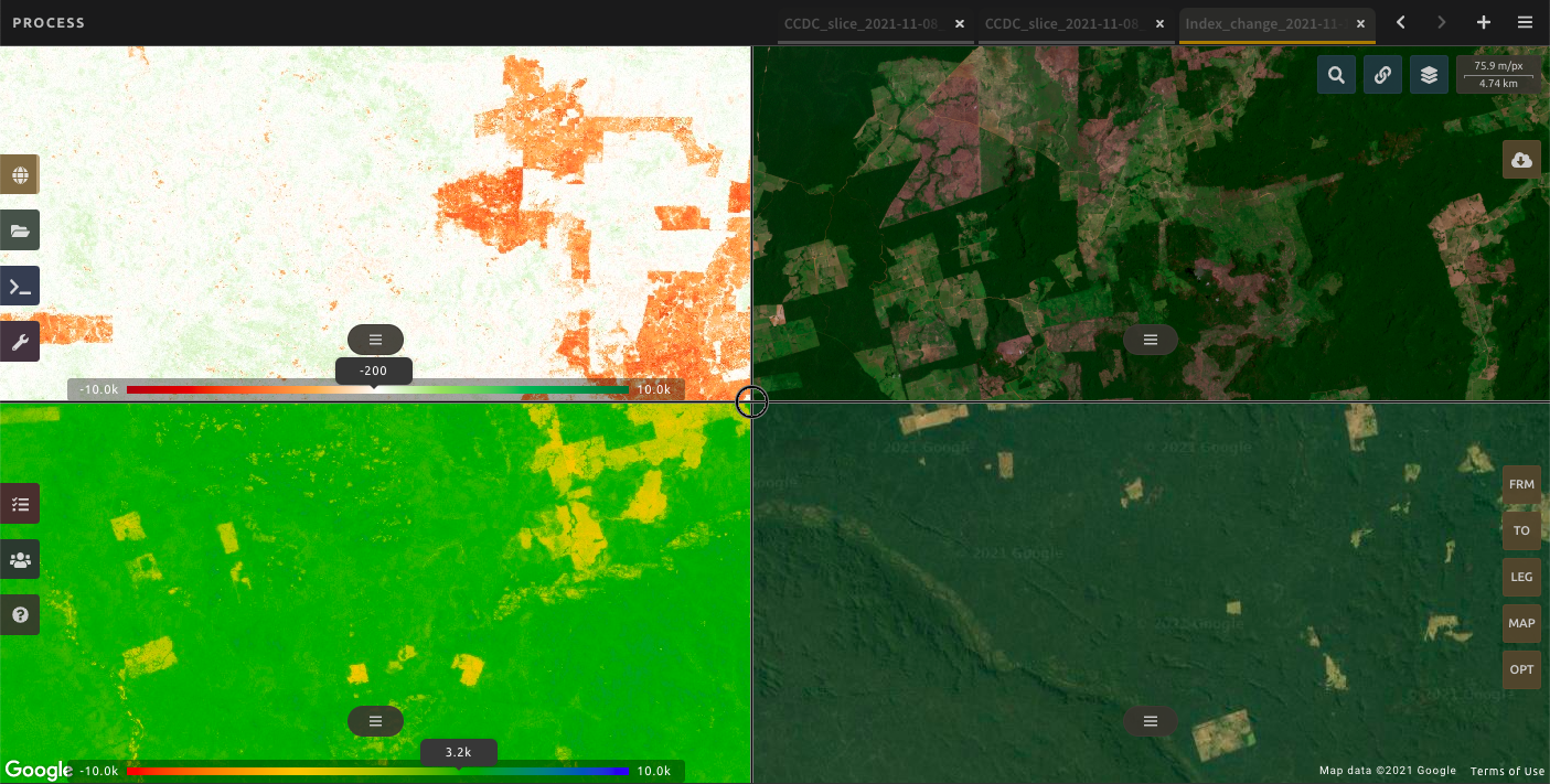 [dss-hidden] NICFI supports SEPAL, a platform helping users make the most of complex satellite data. The screenshot shows 4 different analyses of a site from the Brazilian Amazon. Photo: FAO.