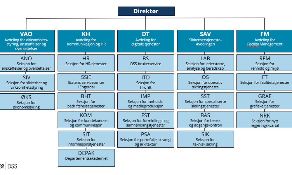 Bildet er et organisasjonskart som viser organiseringen av DSS. Øverst på bildet en boks med tekst direktør. Deretter et skjema med en boks for hver av DSS sine tjenesteytende avdelinger, og med seksjoner inntegnet.