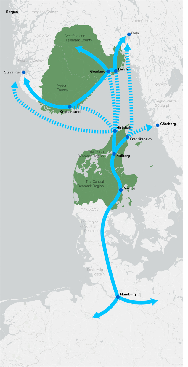 kart over transportnettet mellom norge og kontinentet