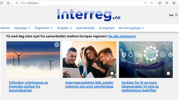 skjermdump av forsiden på Interreg.no