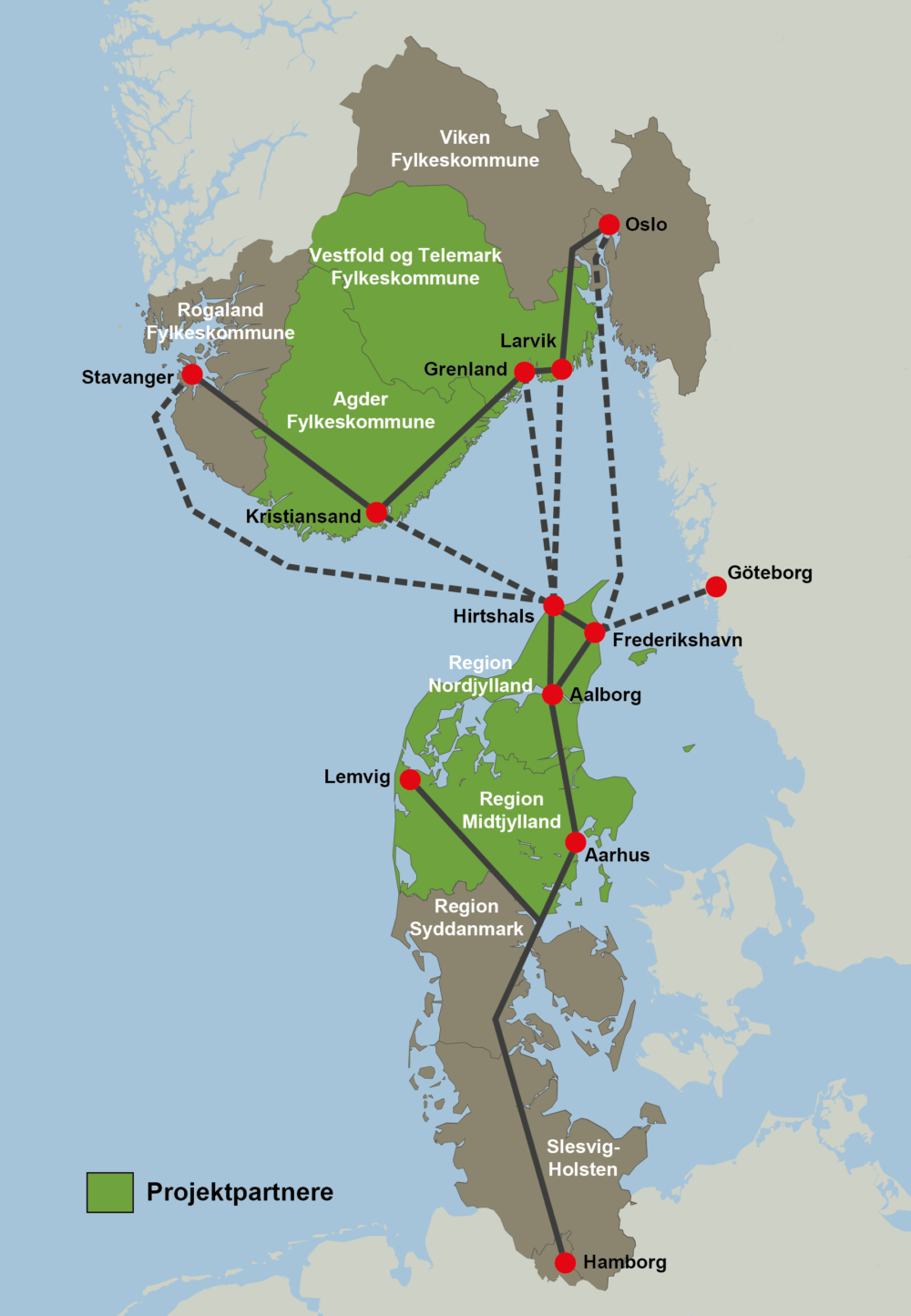 viser et kart over Jyllandskorridoren fra Oslo i nord til Hamburg i sør