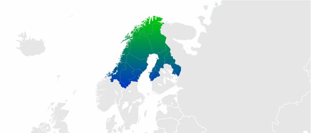 kart over områdene i Finland, Sverige og Norge som dekkes av Interreg Aurora