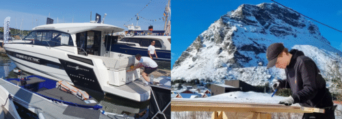 elbåt og tømrer som står ute om vinteren