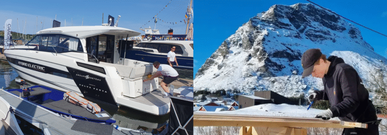 elbåt og tømrer som står ute om vinteren