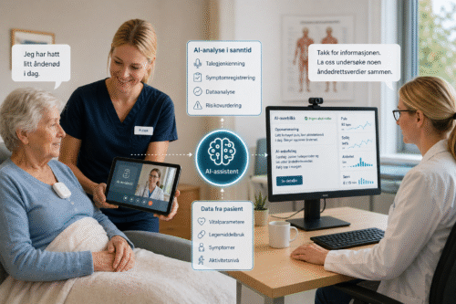 en eldre person som får helsehjelp via KI-verktøy - AI-HEALTH Nordic helsetjenester