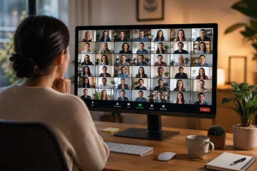 kvinne sitter foran en pc-skjerm med mange deltakere på et webinar