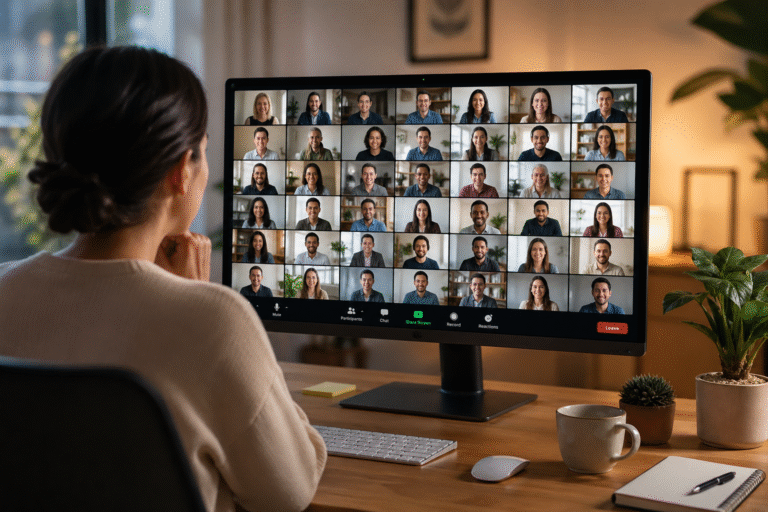 kvinne sitter foran en pc-skjerm med mange deltakere på et webinar