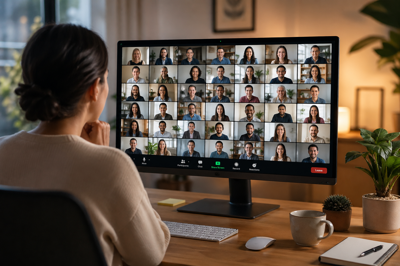 kvinne sitter foran en pc-skjerm med mange deltakere på et webinar
