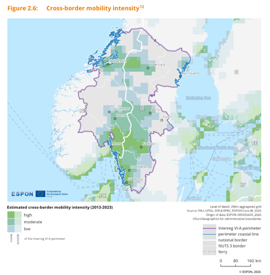 kart over grenseoverskridende mobilitet i Interreg Sverige–Norge-området