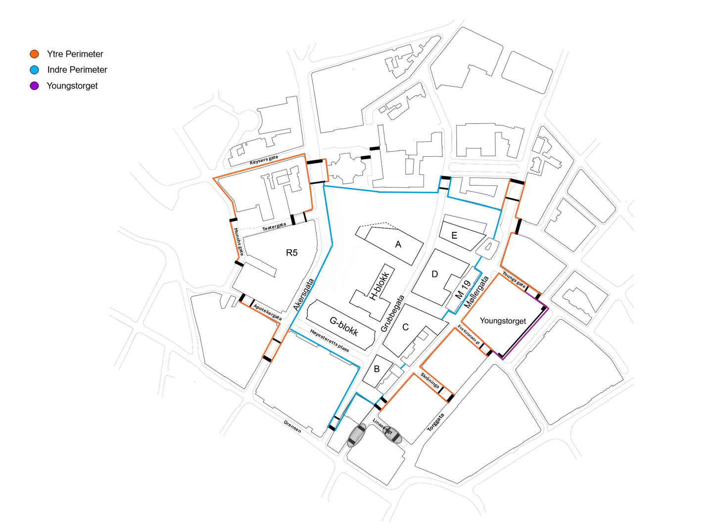 Kart over sikkerhetssonen i Regjeringskvartalet