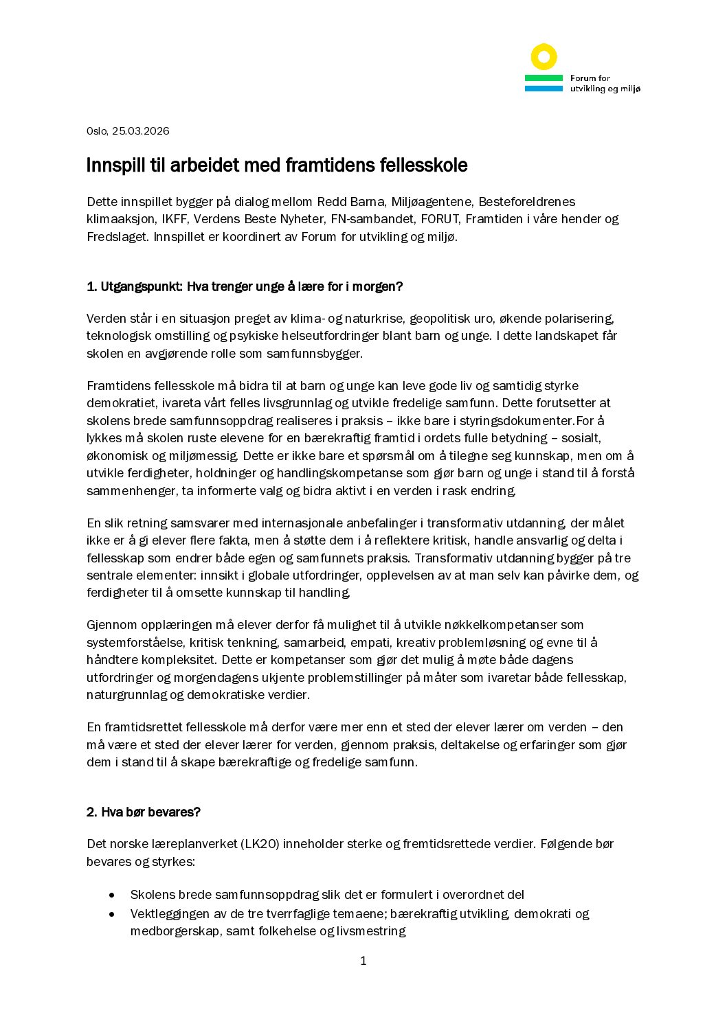 Innspill til arbeidet med framtidens fellesskole 250326_Forum for ...