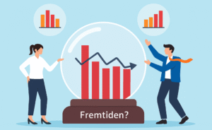 Illustrasjon med to personer som står ved en glasskule og ser på et søylediagram