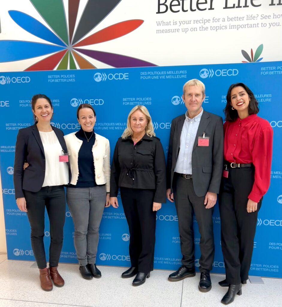 Fem personer på rekke foran fotovegg i OECD.