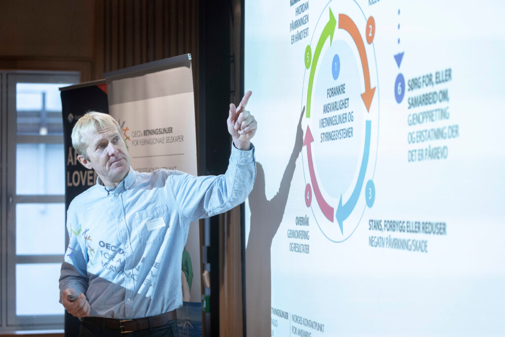 En person peker på et lerret